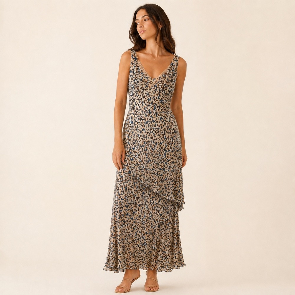 Anna Sui Vintage 2002 Remake Sample Floral Tiered Asymmetrical Maxi Dress V-Neck